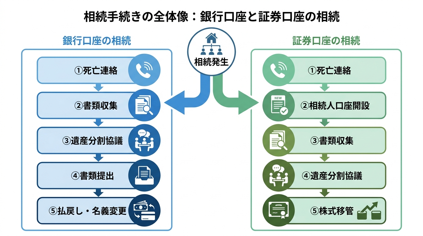 ogai_image_1 | 司法書士・行政書士 八戸いちい事務所 銀行口座と証券口座の相続手続きの流れを比較したフローチャート図解。死亡連絡から始まり、書類収集、遺産分割協議を経て、銀行は払い戻し、証券は株式移管に至るまでのステップが示されている。
