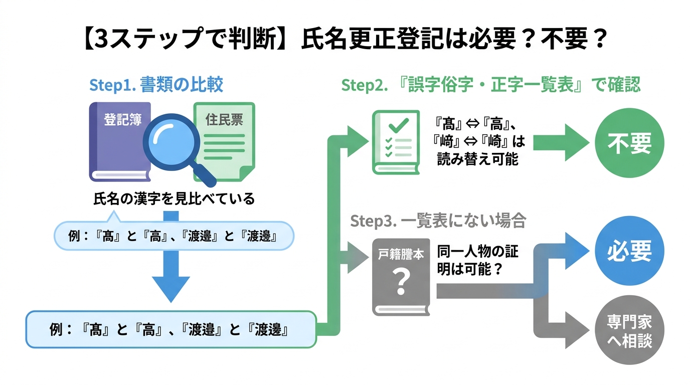 氏名更正登記の必要性を判断するための3ステップのフローチャート。書類比較、法務局の一覧表確認、専門家への相談という流れを図解している。
