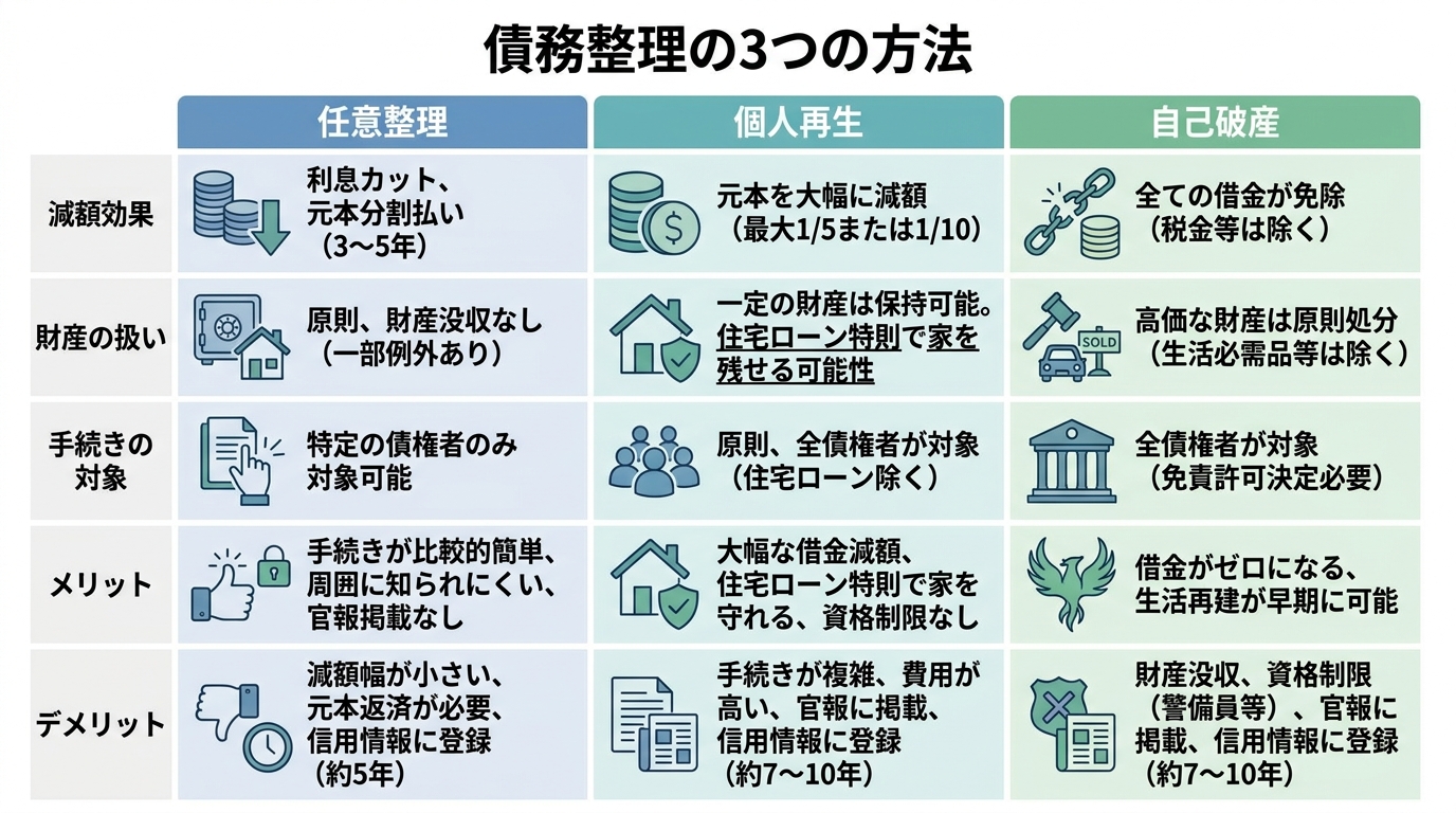 任意整理、個人再生、自己破産の3つの債務整理方法を減額効果や財産の扱いなどの項目で比較した表。