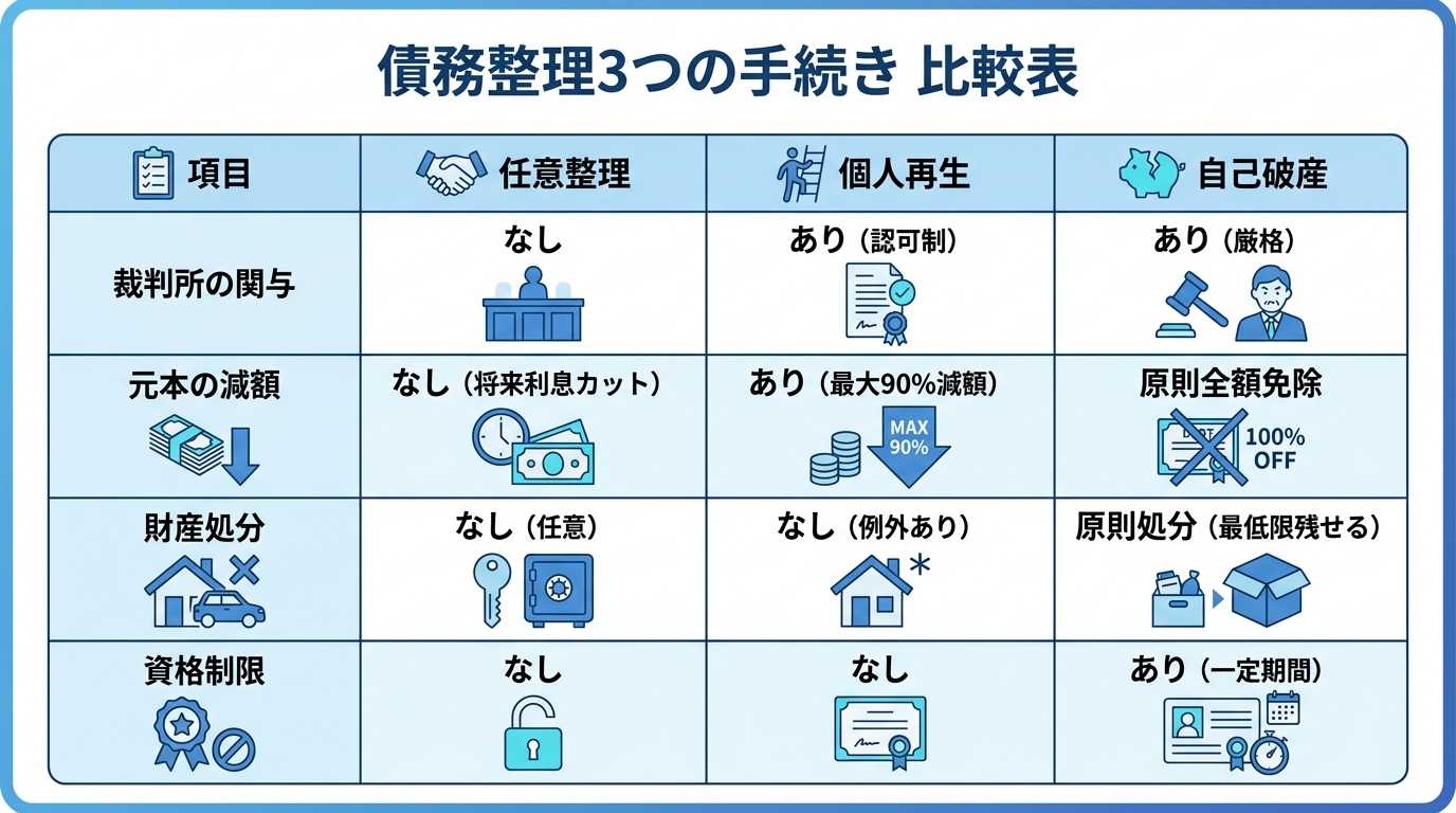 任意整理、個人再生、自己破産の3つの債務整理手続きを「裁判所の関与」「元本の減額」「財産処分」「資格制限」の4つのポイントで比較した表。