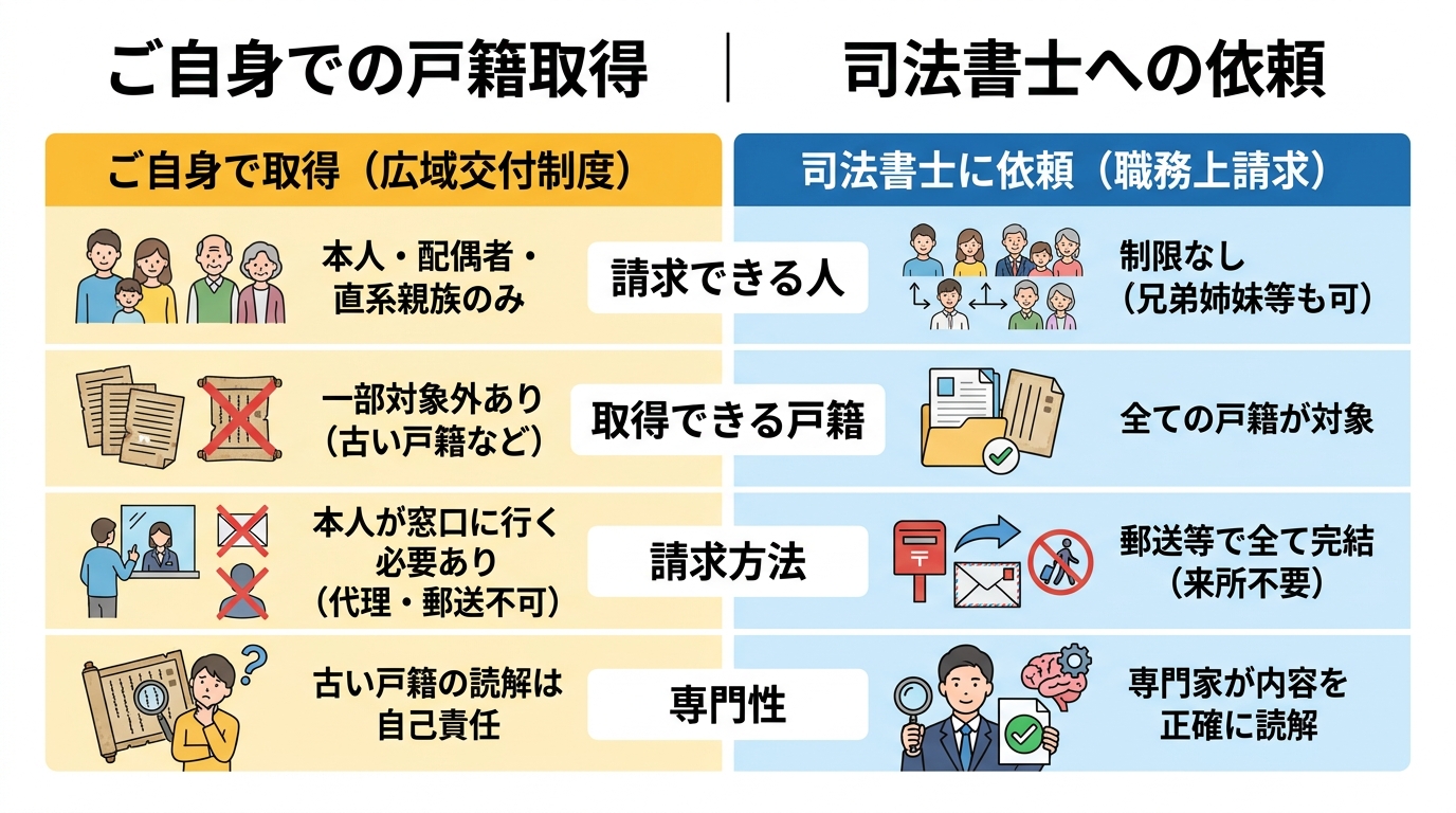 自分で戸籍を取得する場合と司法書士に依頼する場合の比較表。請求できる人、取得できる戸籍の範囲、請求方法、専門性の観点から両者の違いを分かりやすく解説している。