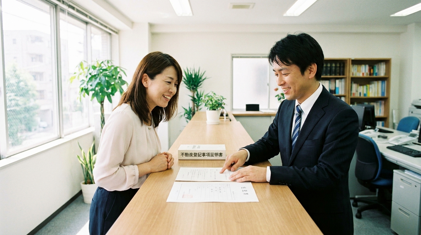 司法書士に相談し、不動産登記の氏名の漢字違いの問題が解決して安心した表情の女性。
