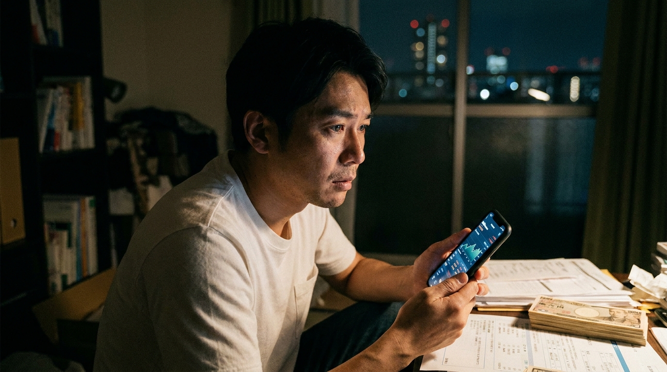 スマートフォンの画面を見ながら、将来の生活や信用情報について真剣に考えている男性。