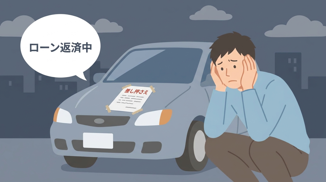 ローン返済中の車が引き揚げられるのではないかと不安に感じている男性のイラスト。