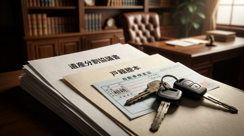 Pile of legal documents on a wooden desk with a set of keys, in a traditional office setting