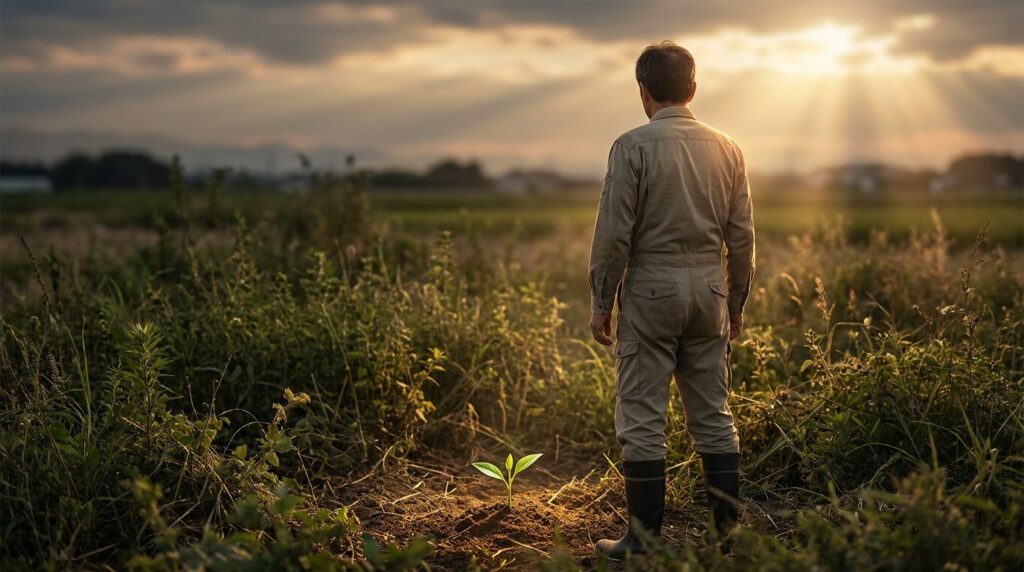 Man stands in a field at sunrise, wearing a beige jumpsuit and boots, gazing toward the horizon as a small green seedling sprouts in the foreground.
