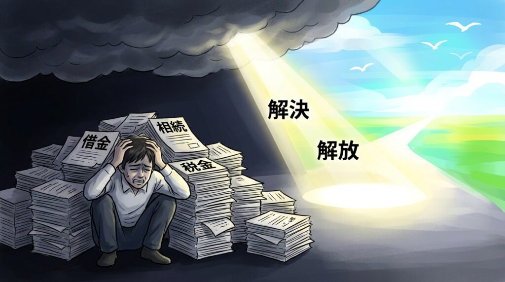 Man sits overwhelmed among tall piles of papers labeled debt, inheritance, and taxes as a bright beam points to a path of resolution and relief.]','A stressed man surrounded by documents—debt, inheritance, and taxes—with a glowing light signaling resolution and release.','Overwhelmed by financial duties (debt, inheritance, taxes), a beam of light offers a way to solve and be free.','Left: burden of debt and taxes; Right: hopeful light showing 'resolution' and 'release'.