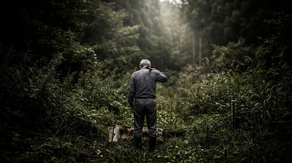 Man in a dark work shirt and boots stands in a dense, overgrown clearing, touching his neck as he faces away from the camera.