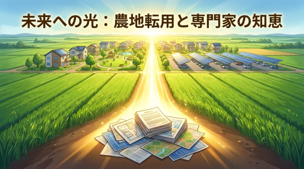 Illustration of farmland splitting into a village on the left and solar carports on the right, with a bright path of plans in the foreground; title in Japanese about farmland reuse and expert wisdom.