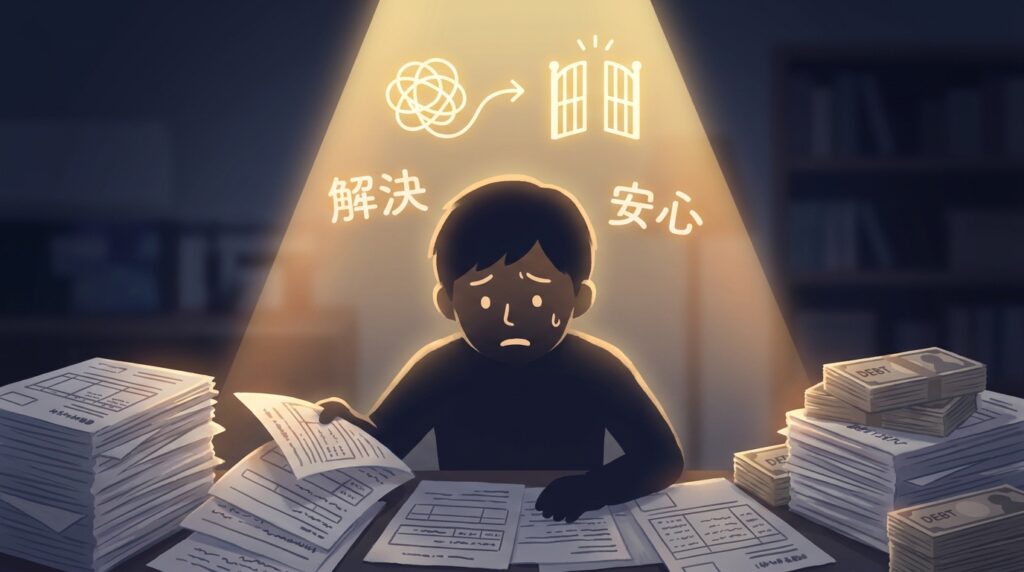 Worried person at a desk buried in debt papers, under a spotlight, seeking a solution and peace of mind.