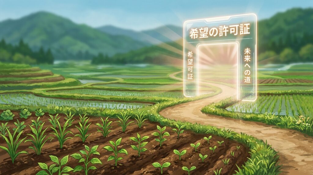 Glowing doorway portals a sunlit farm path, symbolizing a path to the future amid fields and hills in Japan-inspired art.