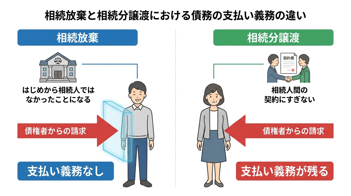 相続放棄と相続分譲渡における債務支払い義務の違いを図解。相続放棄は債権者からの請求を完全に防げるが、相続分譲渡では支払い義務が残ることを示している。