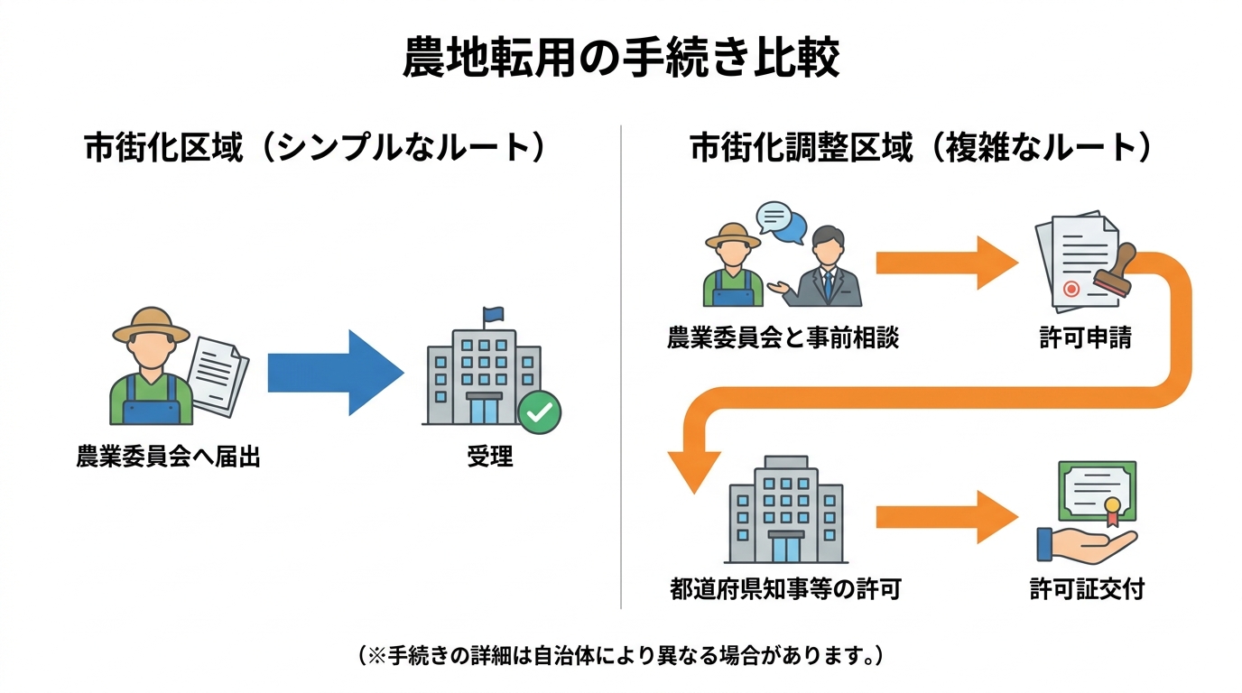 農地転用における「市街化区域の届出」と「市街化調整区域の許可」の手続きフローを比較した図解。