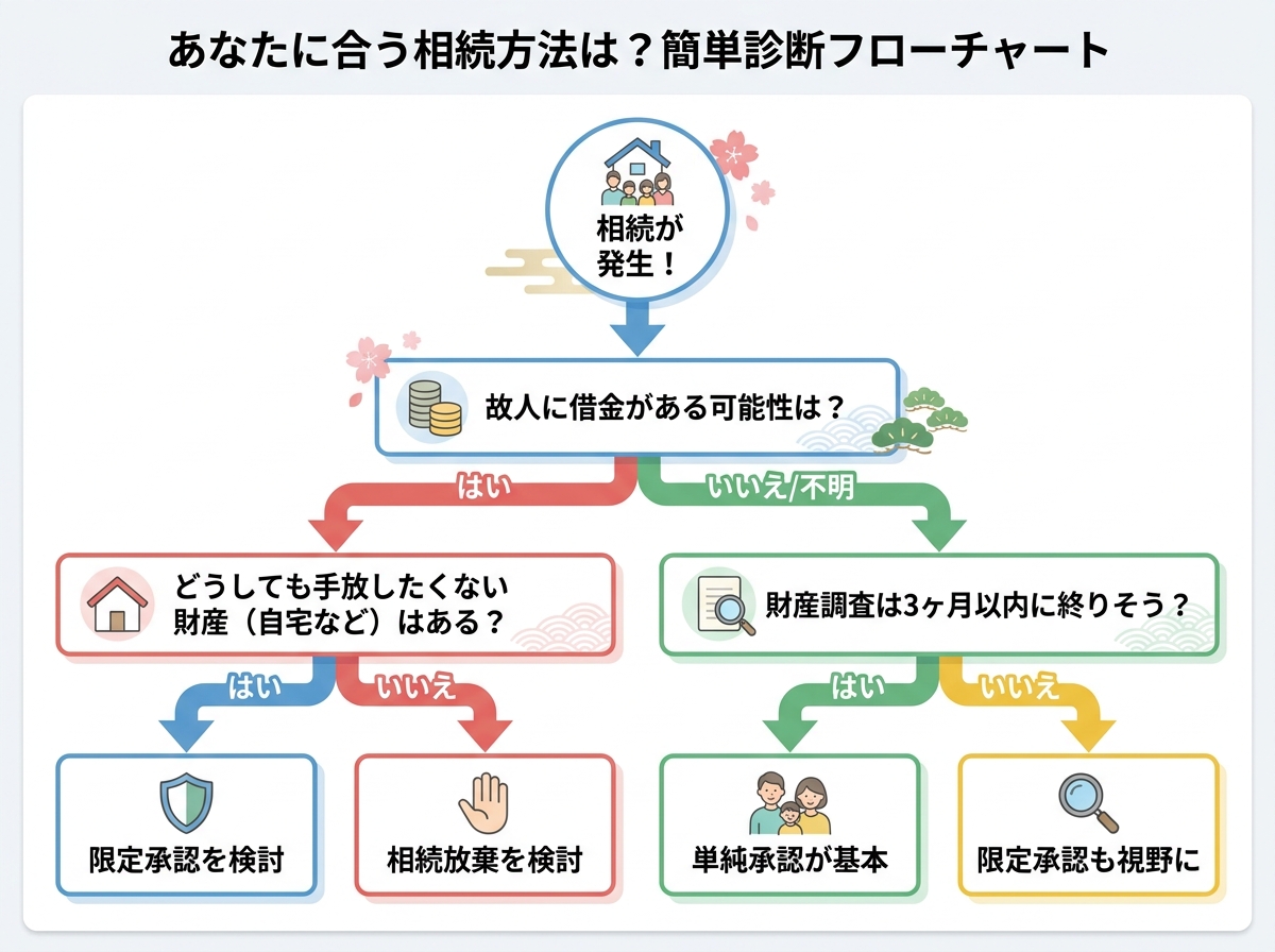 ogai_image_1 | 司法書士・行政書士 八戸いちい事務所 相続方法の選択を助けるフローチャート診断。質問に答えていくと、単純承認、限定承認、相続放棄のどれを検討すべきかが分かる。