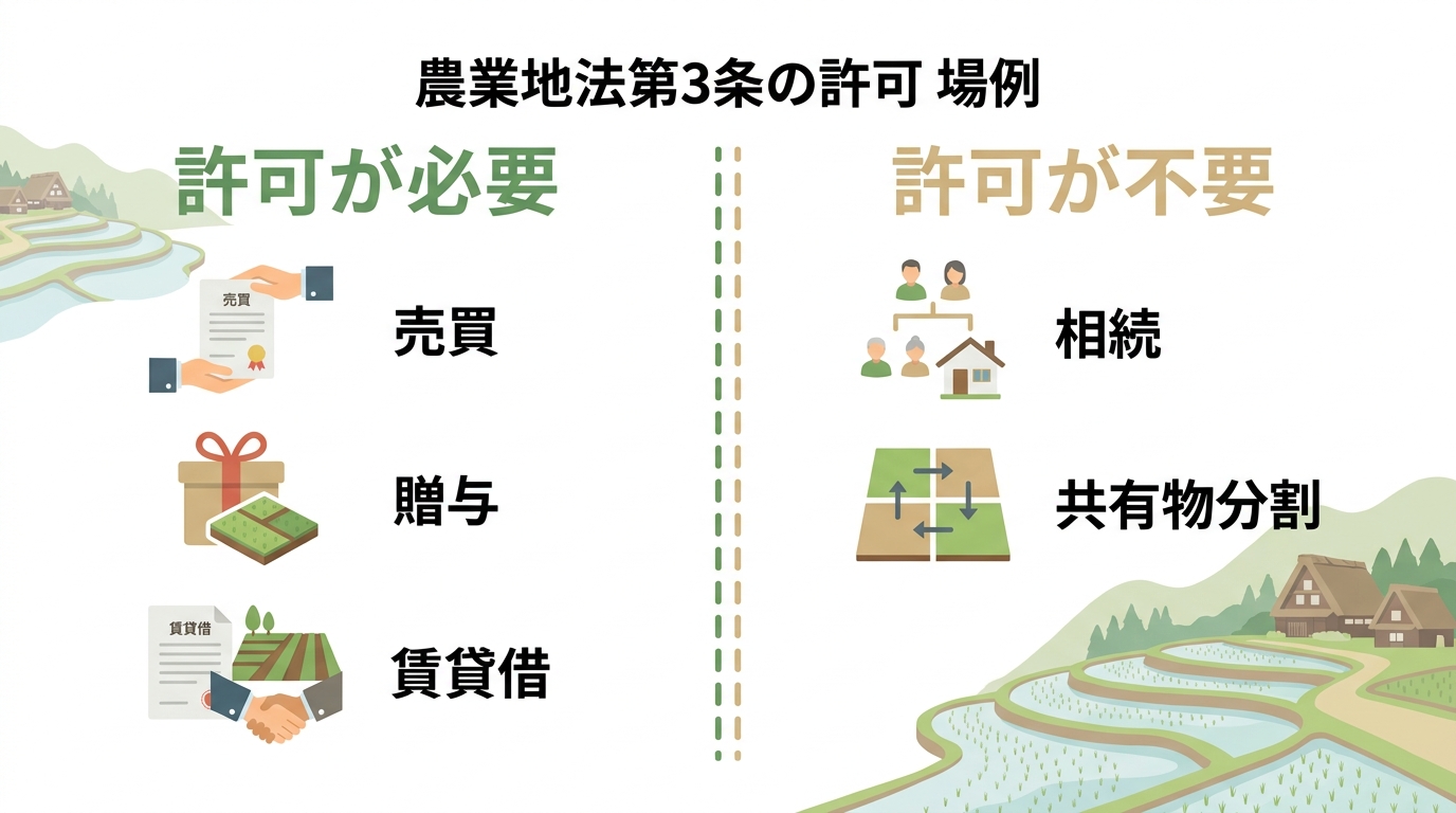 農地法3条許可の要否を比較する図解。売買、贈与、賃貸借は許可が必要なケース、相続や共有物分割は許可が不要なケースとして示されている。