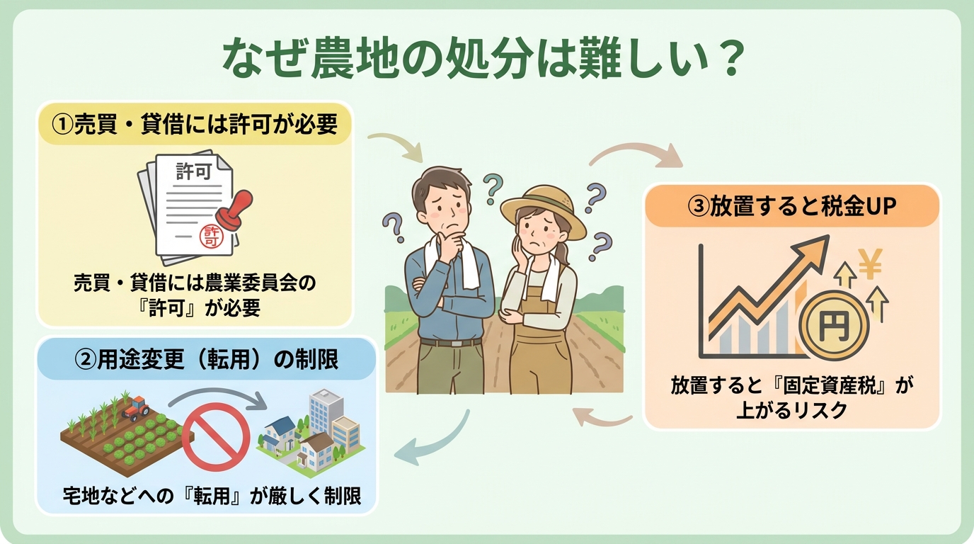 農地の処分が難しい3つの法的制約を示した図解。売買・貸借の許可、転用の制限、放置した場合の固定資産税増額について解説している。