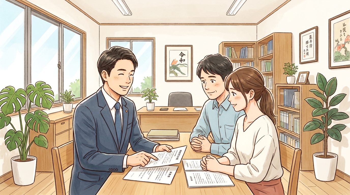 司法書士に相談し、相続放棄と相続分譲渡について説明を受け、安心している夫婦のイラスト。