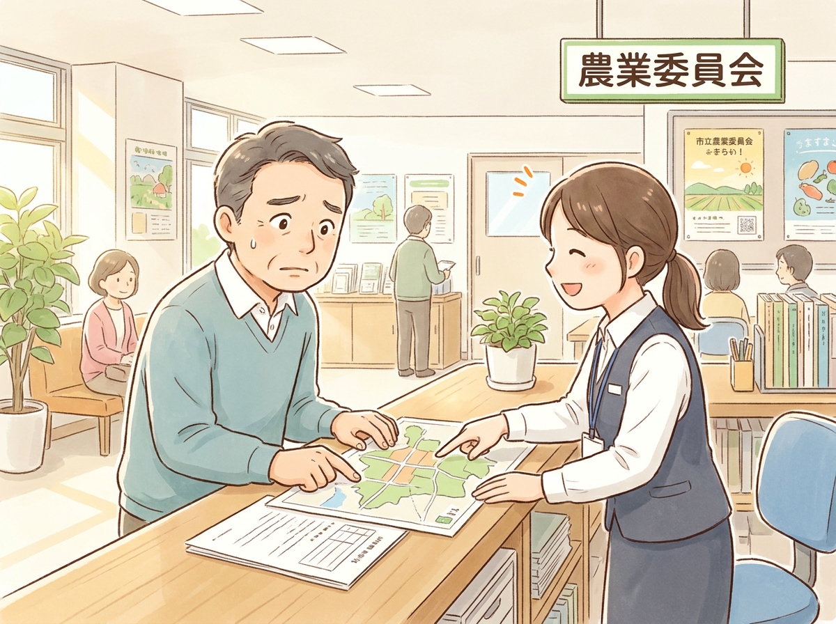 農業委員会の窓口で、自身の農地の区分について相談している男性のイラスト。