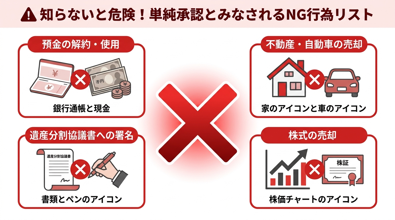 ogai_image_2 | 司法書士・行政書士 八戸いちい事務所 法定単純承認とみなされるNG行為のリスト。預金の解約、不動産の売却、遺産分割協議への署名、株式の売却がアイコンと共に示されている。