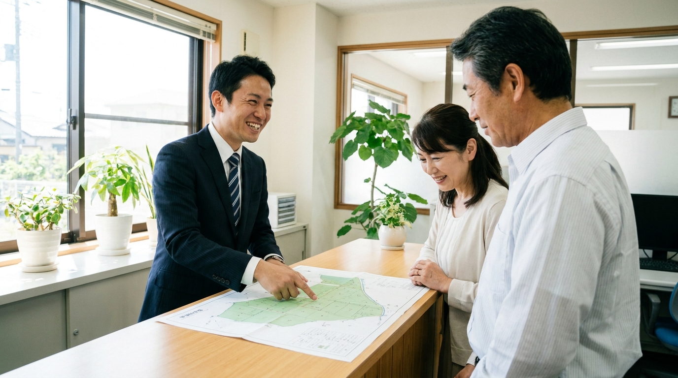司法書士に農地の処分について相談している夫婦。専門家から説明を受け、安心した表情を浮かべている。