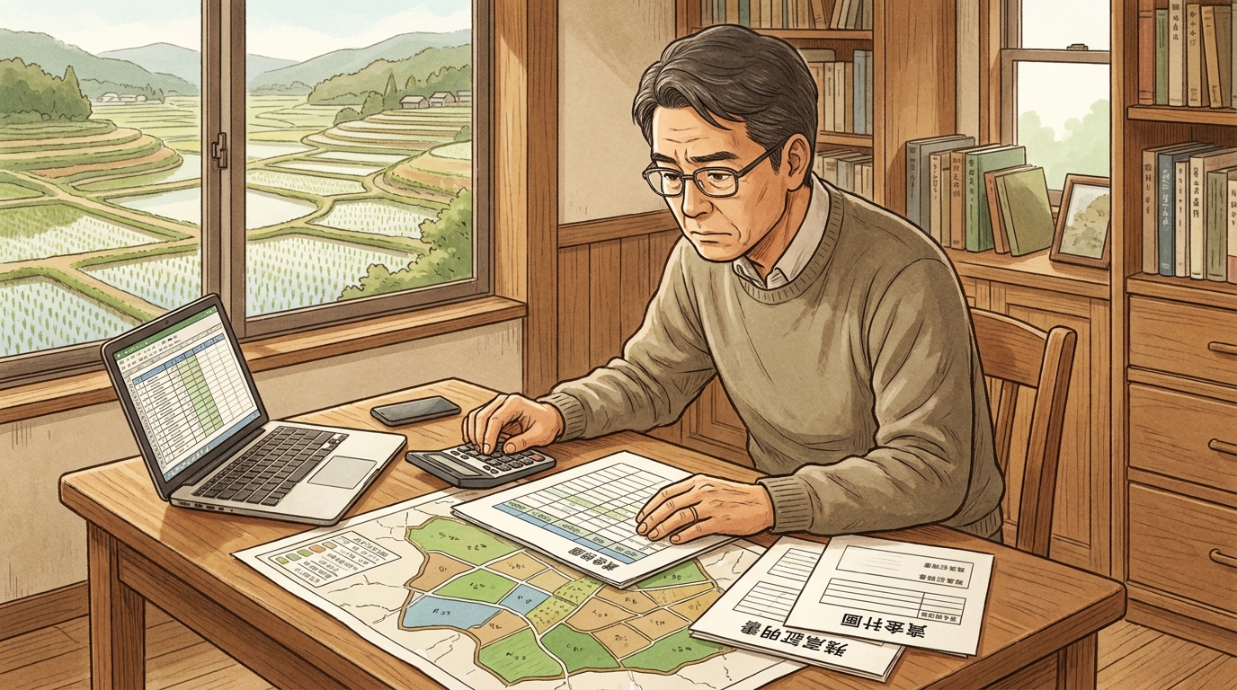 農地を宅地や駐車場に転用するための事業計画書を真剣に作成している男性のイラスト。