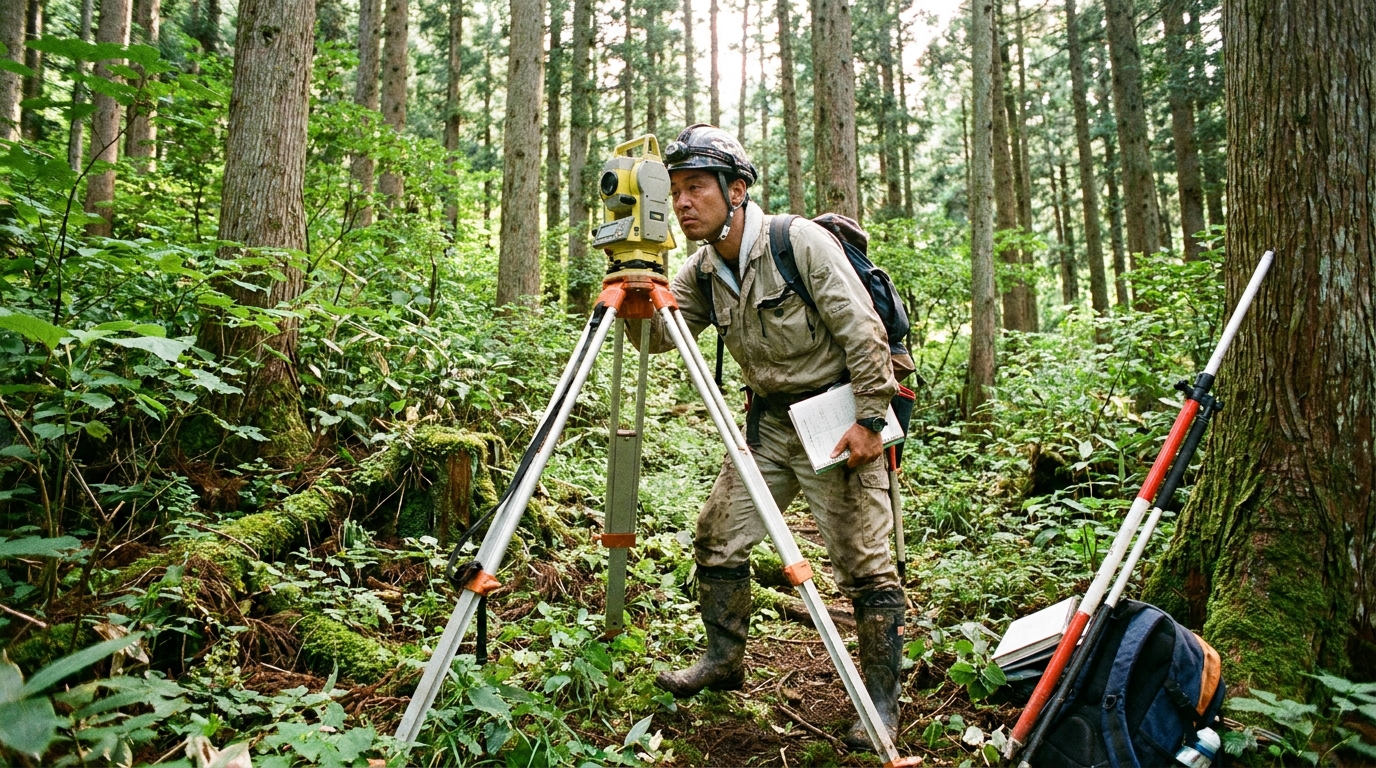 土地家屋調査士が山林で境界測量を行っている様子。専門機器を使い、険しい地形で作業を進めており、境界調査の専門性と重要性を示している。