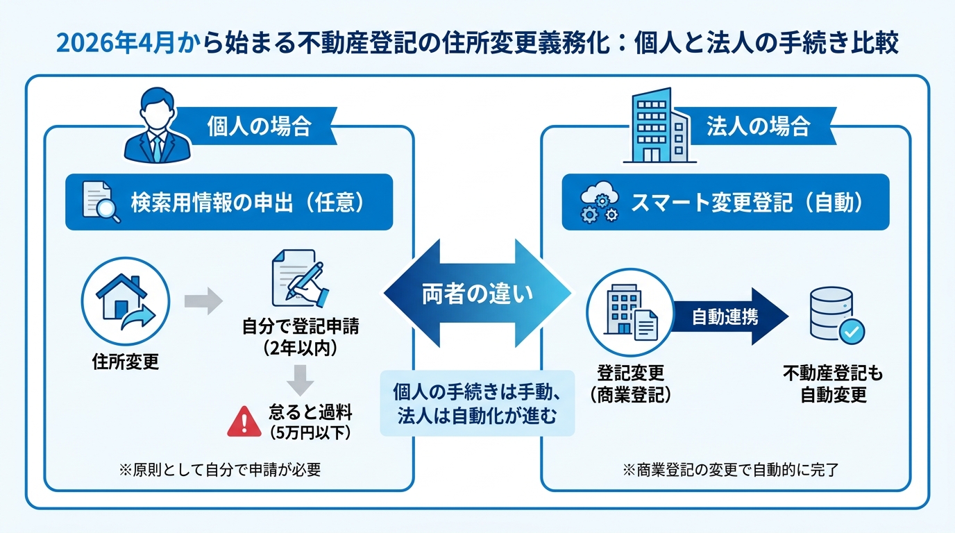 個人の住所変更登記と法人の本店移転登記の手続きの違いを示す図解。個人は「検索用情報の申出」、法人は「スマート変更登記」がポイント。