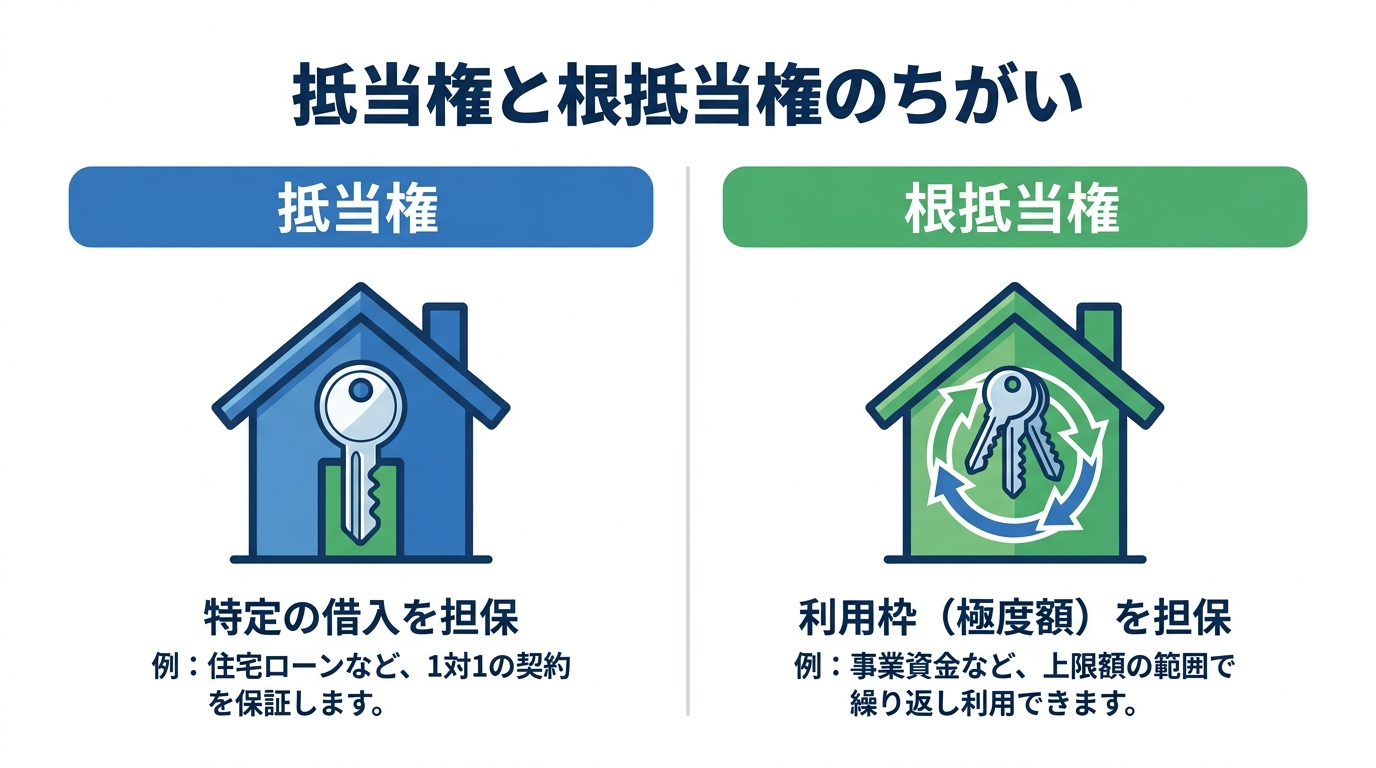 抵当権と根抵当権の違いを比較する図解。抵当権は特定の借入を担保し、根抵当権は設定した上限額の範囲内で繰り返し借入できる利用枠を担保することを示している。