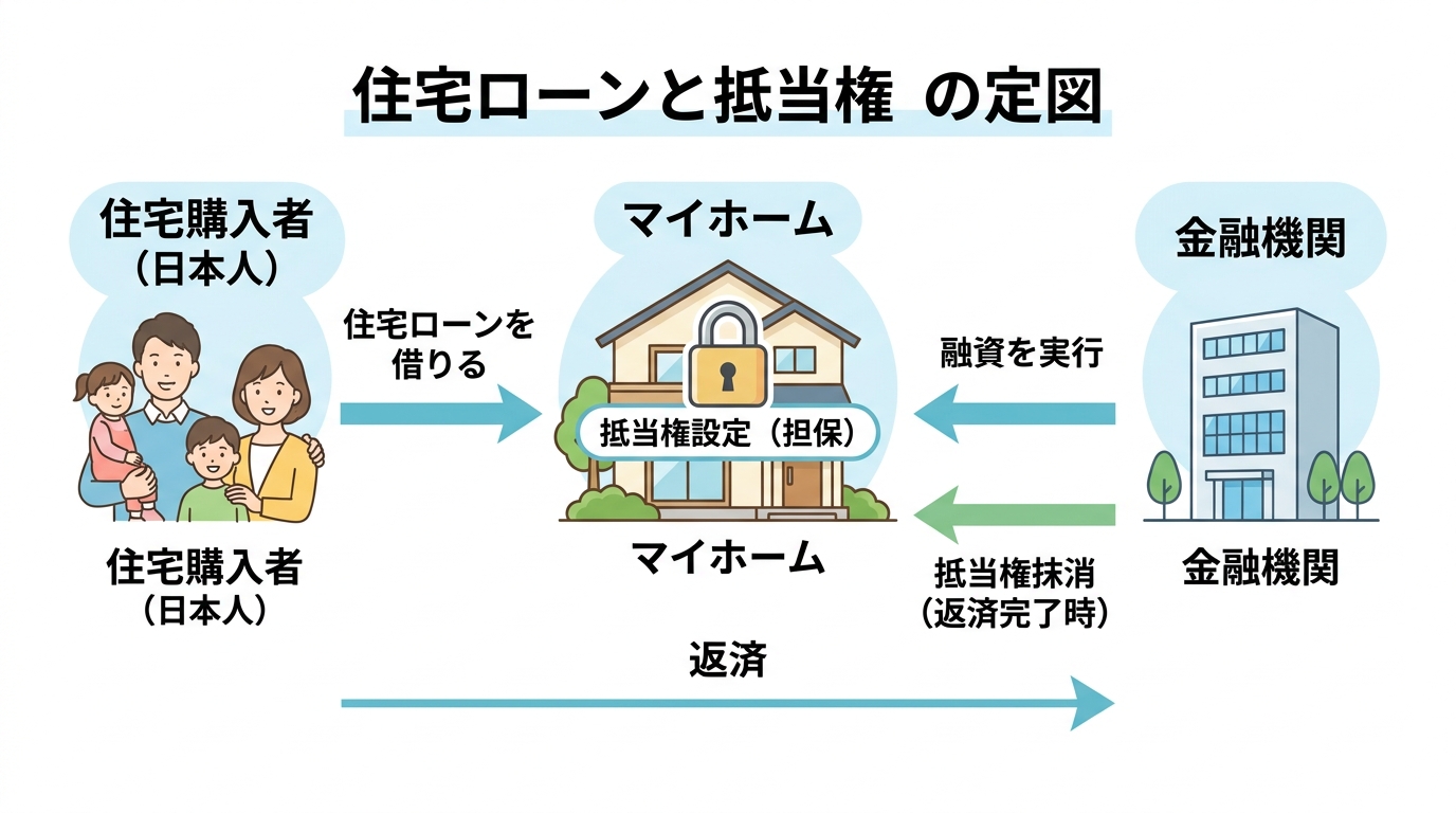 住宅ローンにおける抵当権の仕組みを図解したインフォグラフィック。購入者、金融機関、マイホーム(担保)の関係性が示されている。