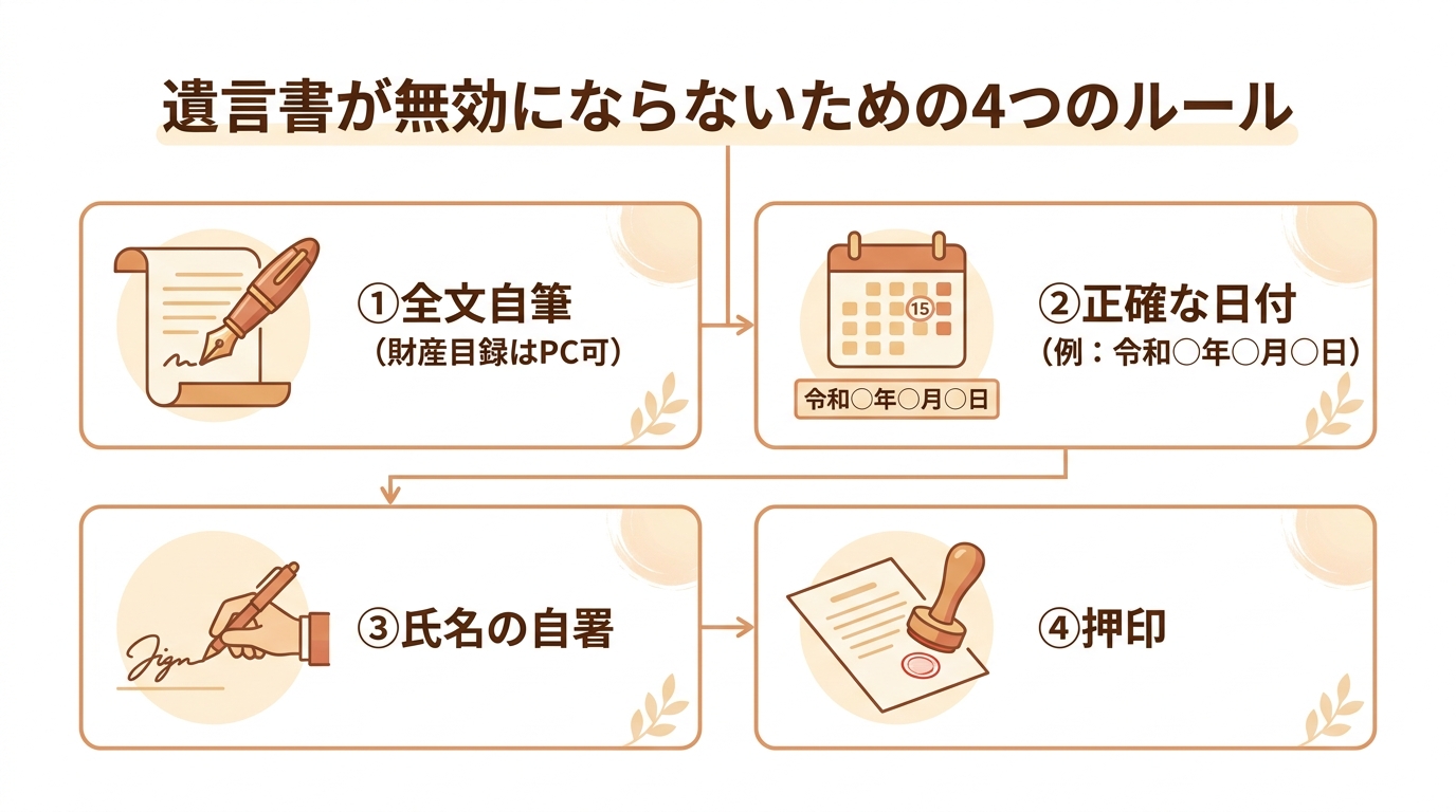 自筆証書遺言が無効にならないための4つの基本ルールを図解。全文自筆、正確な日付、氏名の自署、押印の4つのポイントがアイコンと共に示されている。