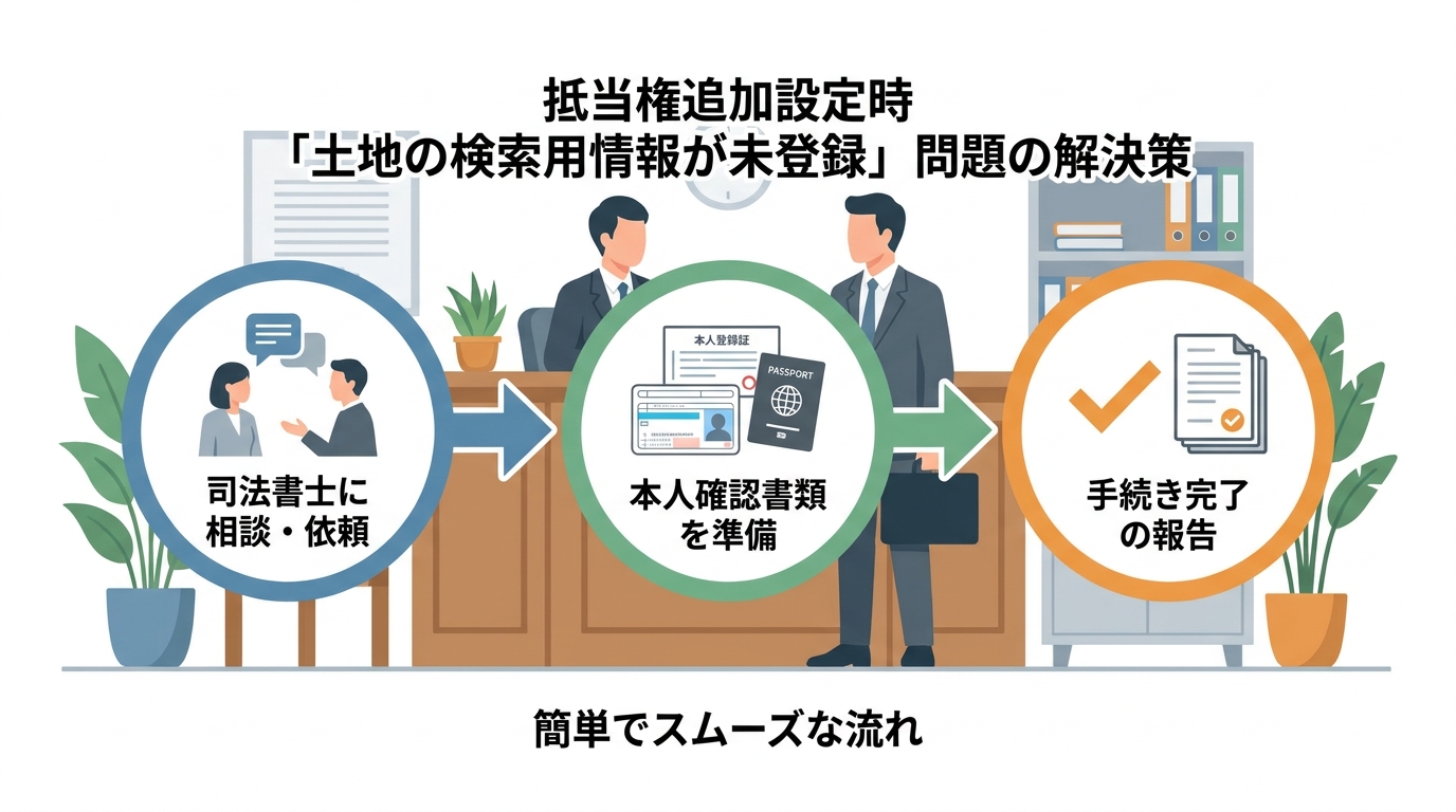 司法書士に土地の検索用情報の単独申出を依頼する場合の3ステップの流れを示す図解。相談・依頼、書類準備、手続き完了という簡単な手順が示されている。