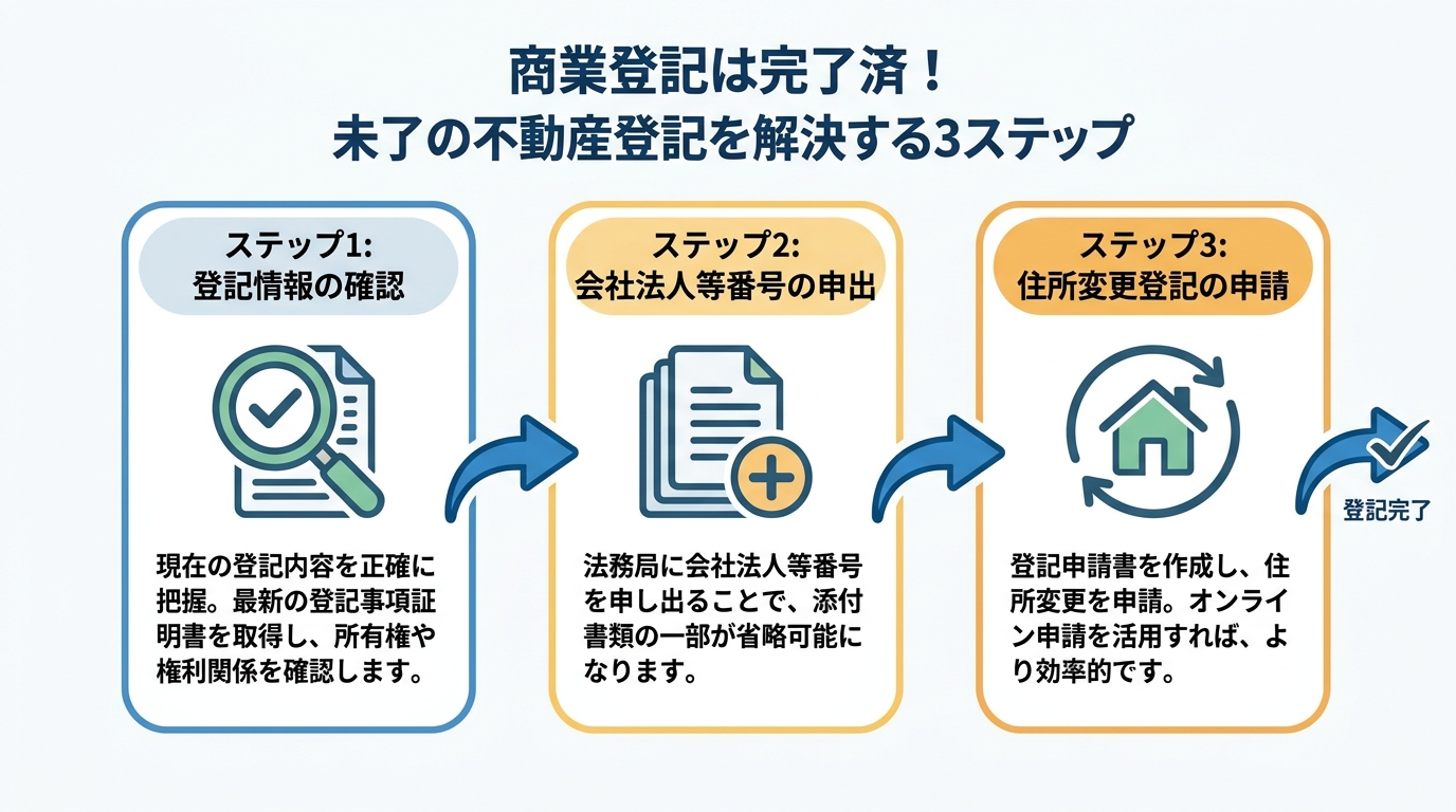 法人の不動産住所変更登記を解決する3ステップのフローチャート。登記情報の確認、会社法人等番号の申出、住所変更登記の申請という流れを示している。