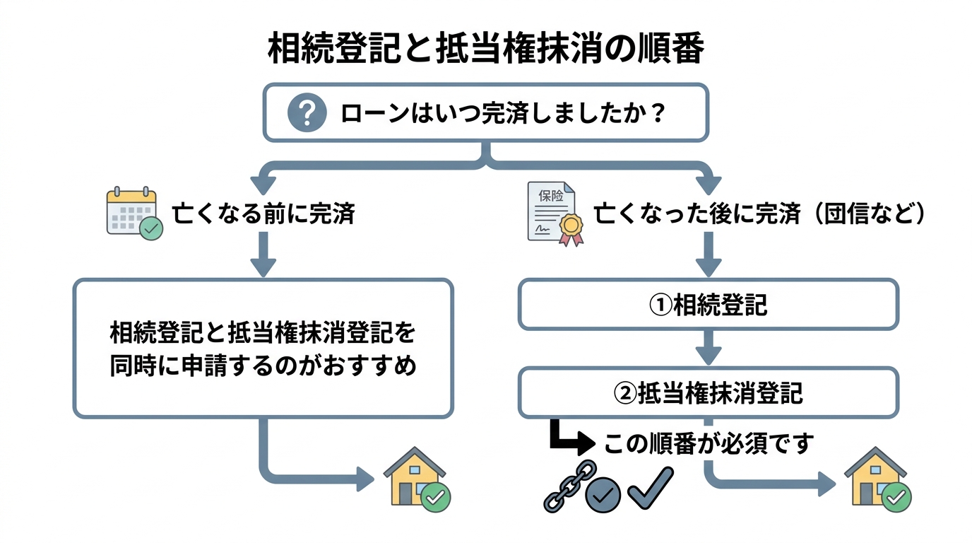 相続登記と抵当権抹消の正しい順番を示すフローチャート。ローンを亡くなる前に完済した場合は同時申請が、亡くなった後に完済した場合は相続登記を先に行う必要があることを示している。
