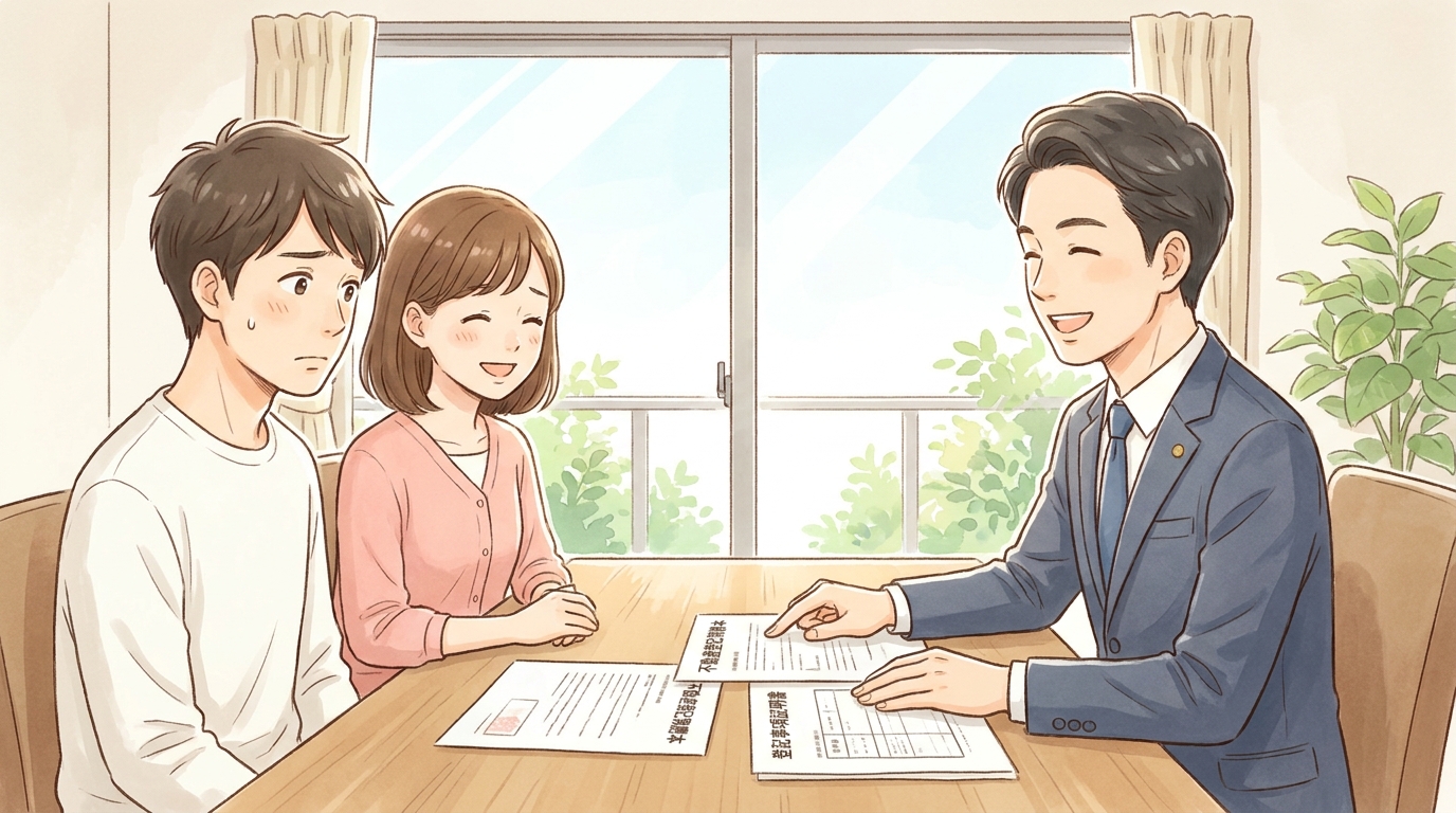司法書士に抵当権設定登記について相談し、安心している夫婦のイラスト。