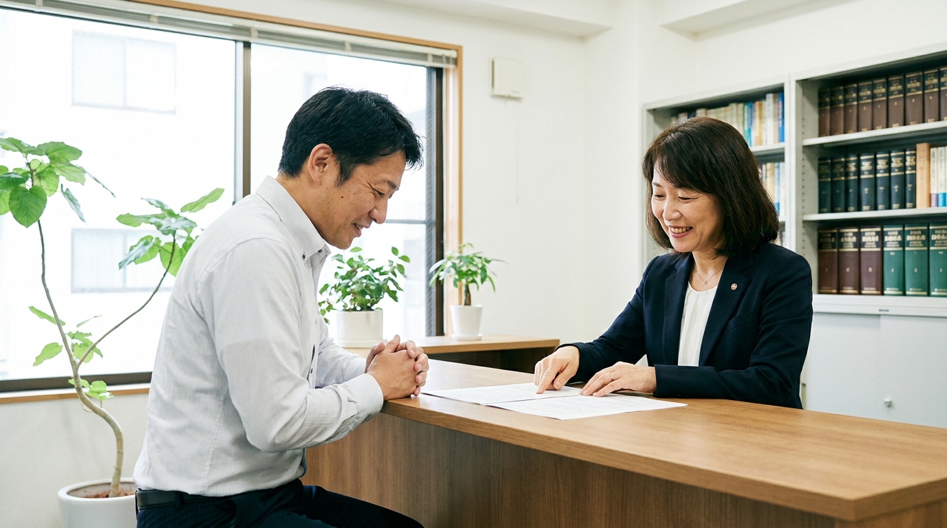 司法書士に相談し、安心した表情を浮かべる相談者。専門家への依頼で不安が解消される様子を表現している。