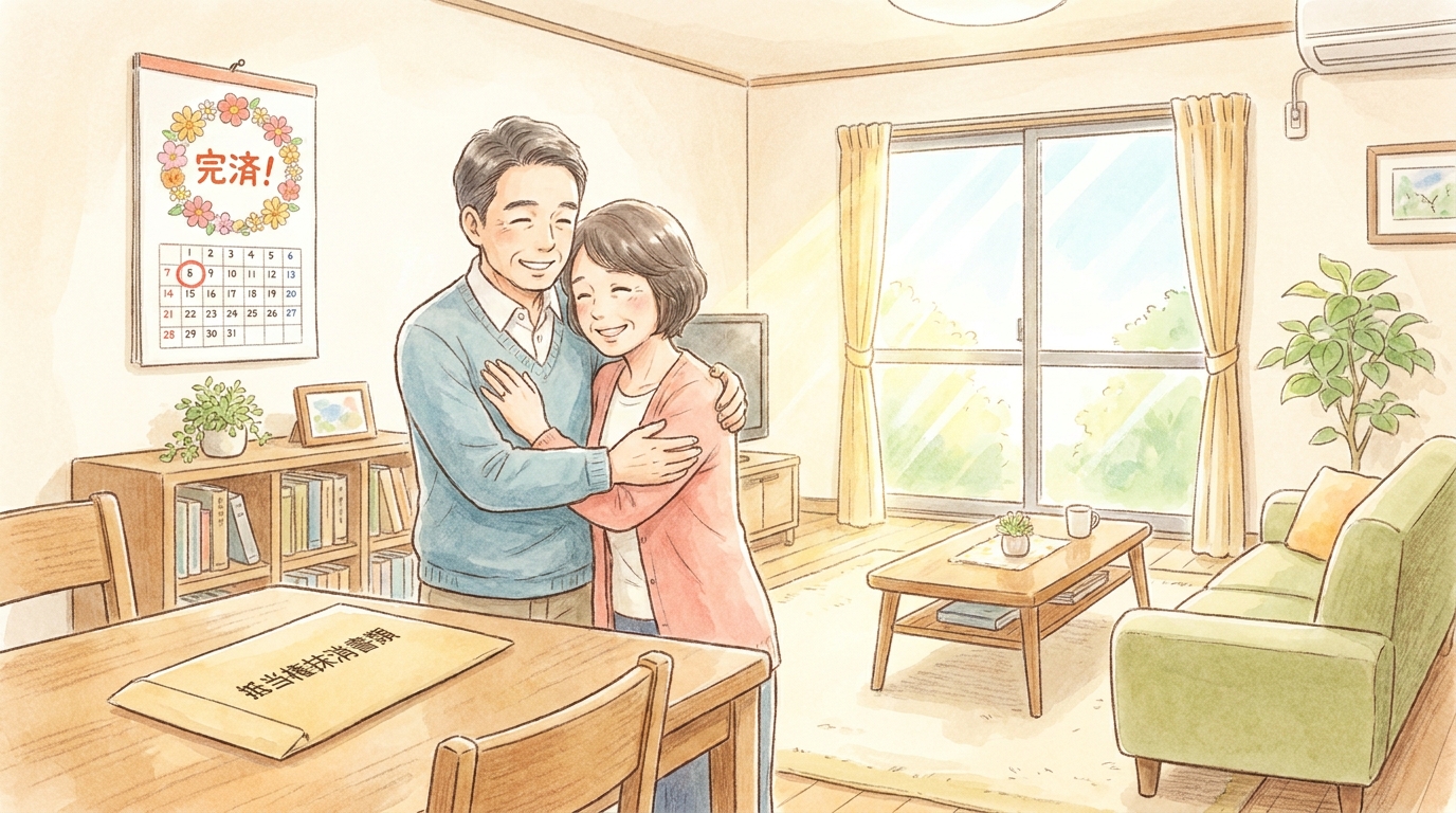 住宅ローンを完済し、抵当権抹消手続きの書類を前に喜ぶ夫婦のイラスト。