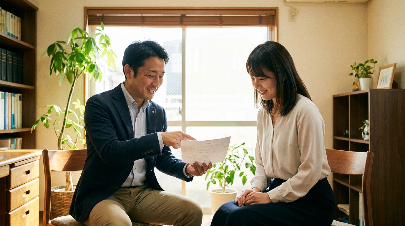 司法書士が法人の担当者に不動産登記についてアドバイスしている相談風景。手続きの不安が解消されつつある様子。