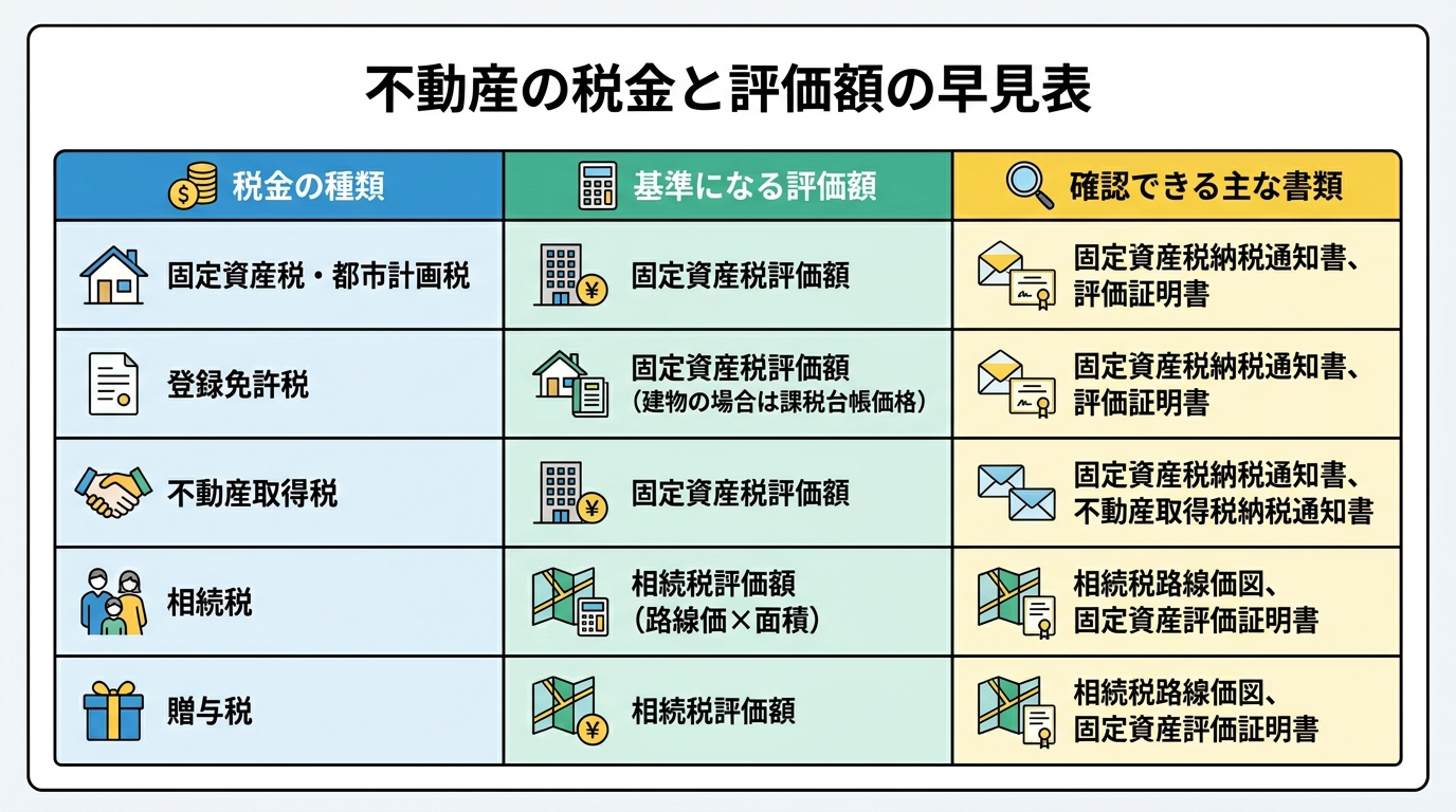 不動産の税金計算で使われる評価額をまとめた早見表。固定資産税、登録免許税、不動産取得税、相続税、贈与税ごとに、基準となる評価額と確認書類が一覧になっている。