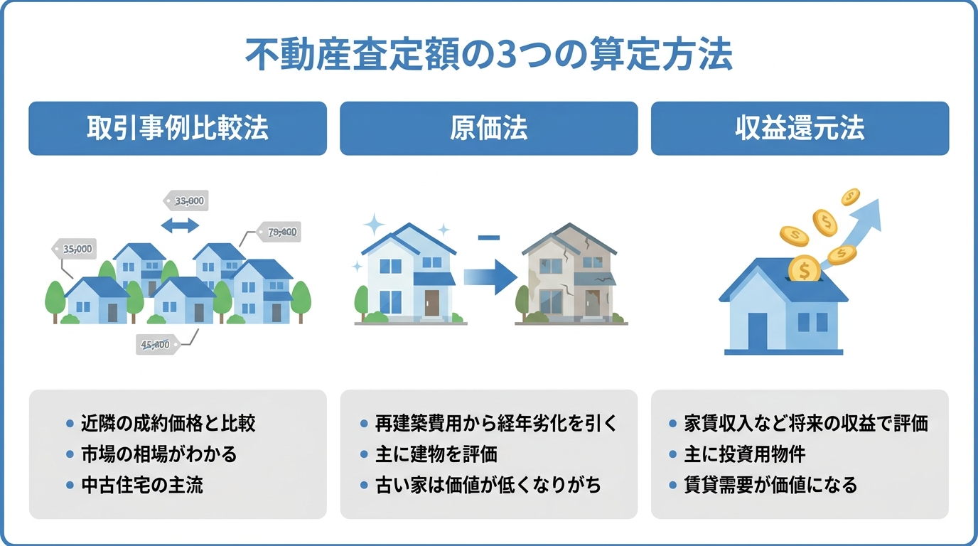 不動産査定額の3つの算定方法（取引事例比較法、原価法、収益還元法）の特徴をアイコンとテキストで分かりやすく解説した図解。