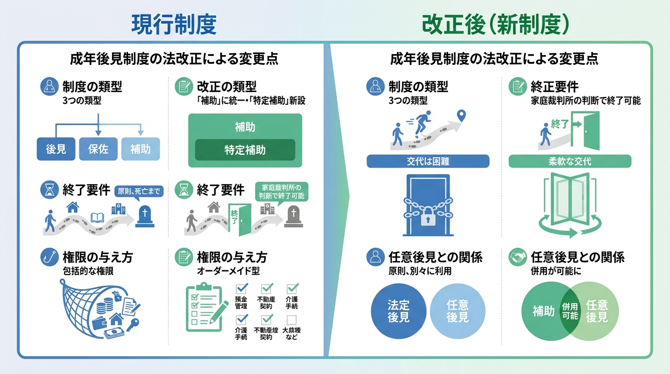 成年後見制度の新旧比較表。制度の類型が3類型から補助へ一本化、終了要件が死亡までから裁判所の判断で可能になるなど、5つの主要な変更点を図解。