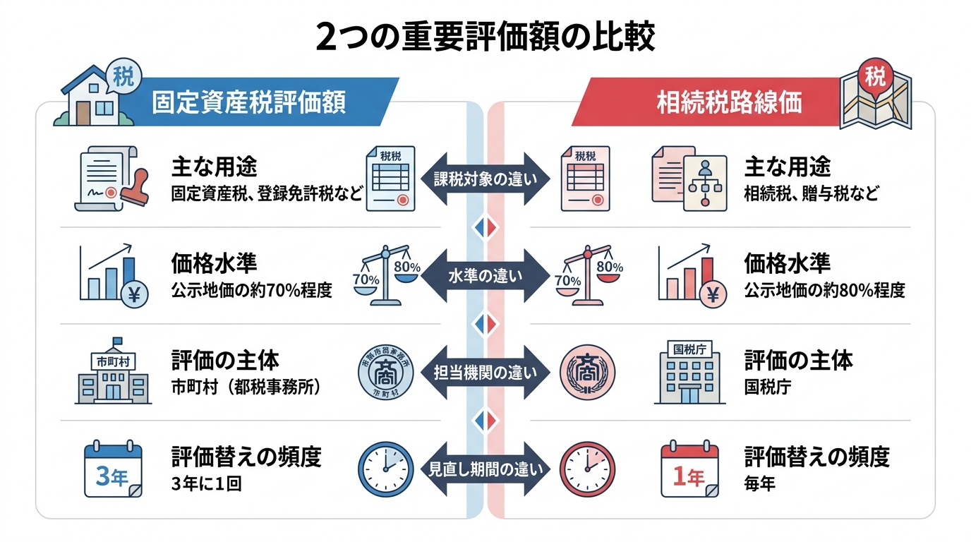 固定資産税評価額と相続税路線価の違いを比較した図解。主な用途、価格水準、評価主体、評価替えの頻度の4項目で、それぞれの特徴を分かりやすく解説している。