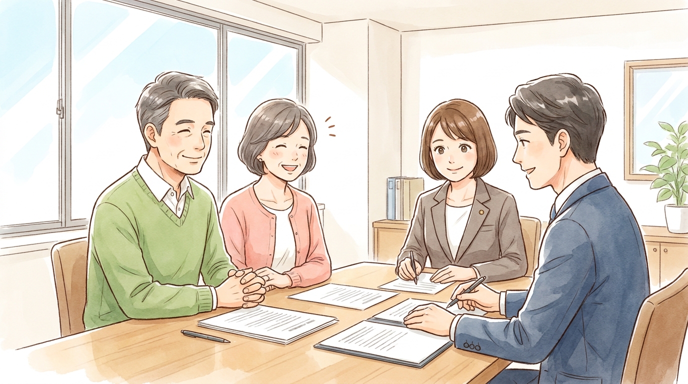 成年後見制度の終身制廃止という変更点について説明を受け、安心した表情を浮かべる相談者。将来への不安が和らいだ様子を表現している。