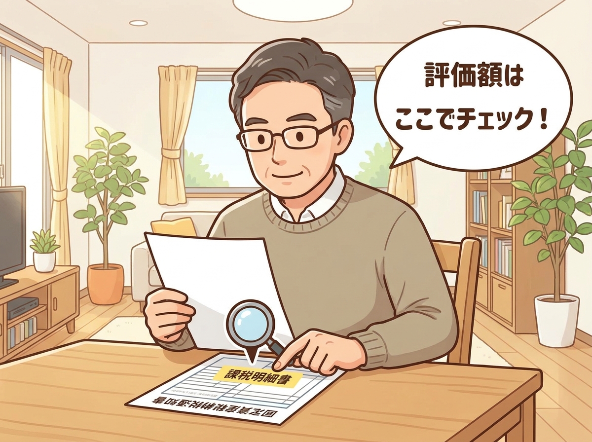 固定資産税納税通知書の課税明細書を見て、不動産の評価額を確認している人のイラスト。