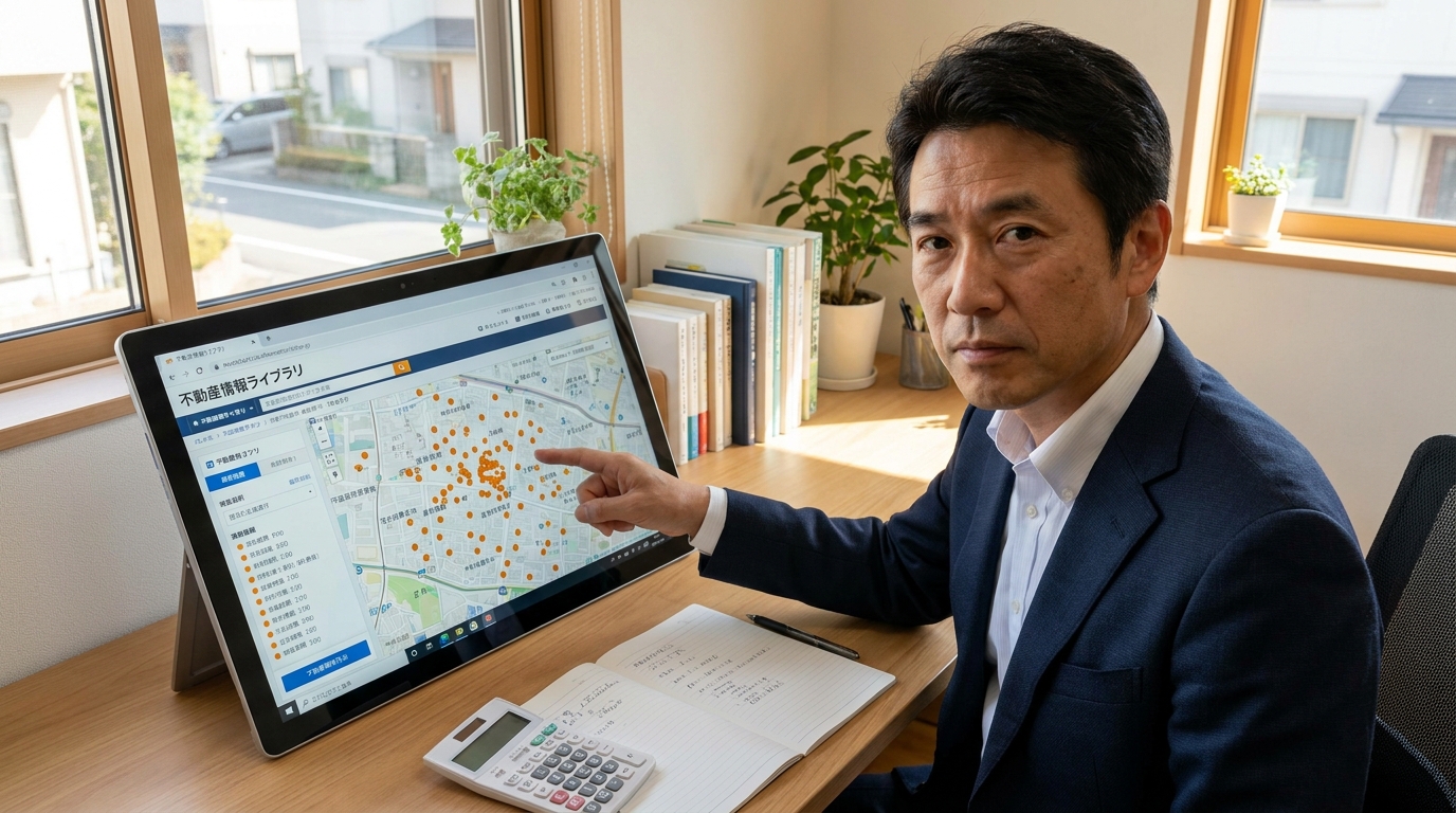 タブレットで不動産情報ライブラリを使い、自宅近隣の取引価格を調べている様子。査定額の妥当性を自分で確認している。