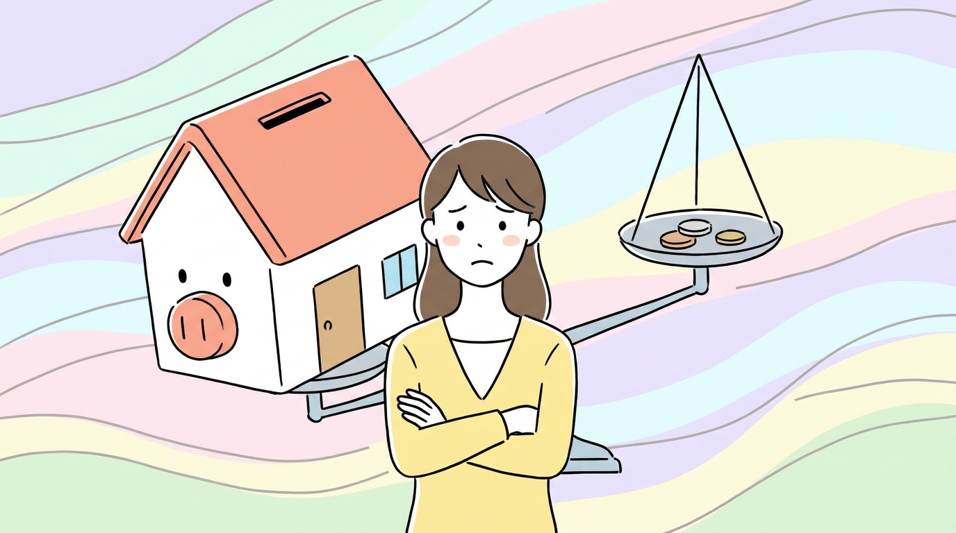 相続における特別受益の不公平感を表すイラスト。家の援助を受けた兄弟とそうでない自分を天秤にかけて悩んでいる。