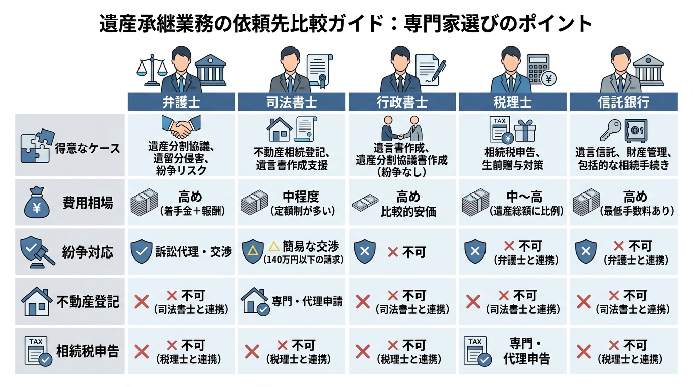 遺産承継業務の依頼先5者（弁護士、司法書士、行政書士、税理士、信託銀行）の業務範囲や費用などを比較した表形式のインフォグラフィック。