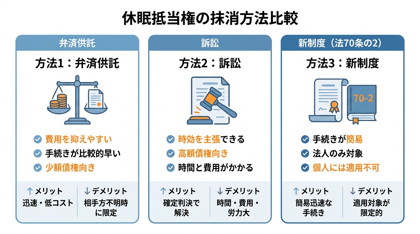 抵当権者が行方不明な場合の3つの抹消方法「弁済供託」「訴訟」「新制度」を特徴やメリット・デメリットで比較した図解。