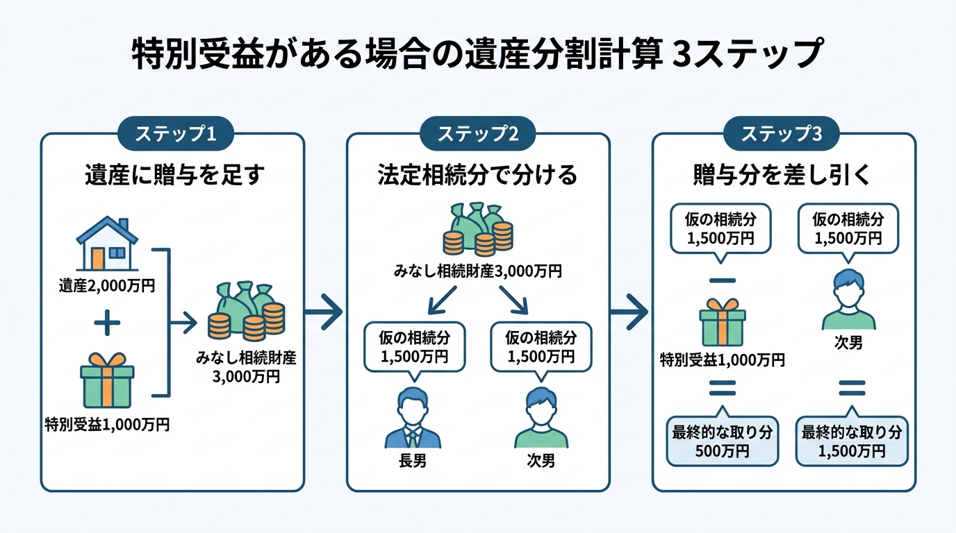 特別受益がある場合の遺産分割計算方法を図解したインフォグラフィック。ステップ1で遺産と贈与を足し、ステップ2で法定相続分で分け、ステップ3で贈与分を差し引く流れが示されている。