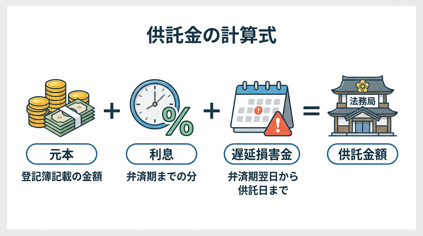 休眠担保権の供託金額の計算式を図解したもの。元本、利息、遅延損害金の3つの要素を足し合わせて算出することを示している。